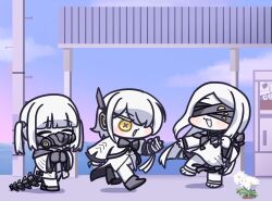  3girls black_bow black_bowtie black_mask blindfold blue_archive blush_stickers bow bowtie chibi chibi_only closed_eyes colored_skin commentary_request covered_eyes daisy_(flower) ein_(blue_archive) extra_pupils flower hair_over_one_eye headgear highres horizon jacket korean_commentary leviathan_lvat long_hair long_sleeves mask mechanical_tail mouth_mask multiple_girls non-humanoid_robot ohr_(blue_archive) outdoors partial_commentary purple_sky respirator robot segmented_tail shirt short_hair siblings sky smile sof_(blue_archive) symbol-shaped_pupils tail train_station twintails utility_pole vending_machine white_hair white_jacket white_shirt white_skin x-shaped_pupils yellow_eyes 