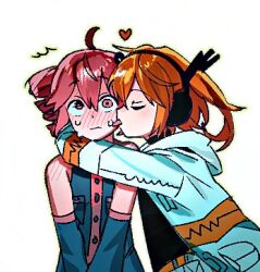  2girls a.i._voice adachi_rei blush closed_mouth commentary_request crying crying_with_eyes_open detached_sleeves drill_hair grey_shirt hh5000872281156 hug jacket kasane_teto kasane_teto_(utau) korean_commentary licking licking_another's_face licking_tears long_sleeves lowres multiple_girls orange_hair red_hair shirt sleeveless sleeveless_shirt tears tongue tongue_out twin_drills upper_body utau white_background white_jacket 