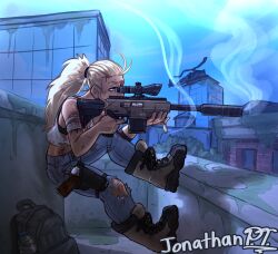  1girl absurdres aiming backpack bag bandaged_arm bandages black_bra blonde_hair blue_eyes blue_pants boots bra bruise bruised_eye cigarette combat_boots commentary english_commentary finger_on_trigger full_body gun handgun highres holding holding_cigarette holstered injury jonathan_p.t._arts long_hair long_sidelocks on_rooftop original pants ponytail post-apocalypse rooftop sidelocks smoke smoking smoking_barrel solo suppressor tank_top torn_clothes underwear weapon weapon_request white_tank_top 