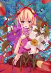  1girl black_eyes blonde_hair doll_joints flower hair_ribbon lily_of_the_valley medicine_melancholy open_mouth pill ribbon scissors short_hair solo syringe tamagogayu1998 touhou 