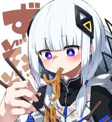  1girl absurdres black_dress blue_eyes blush cevio chopsticks commentary_request curry_udon datemegane diamond_hair_ornament dress eating expressionless food hair_ornament hair_over_shoulder highres holding holding_chopsticks hood hood_down hooded_jacket jacket kafu_(cevio) kamitsubaki_studio looking_at_viewer low_twintails multicolored_eyes noodles short_hair turtleneck turtleneck_dress twintails udon white_hair white_jacket yellow_pupils 