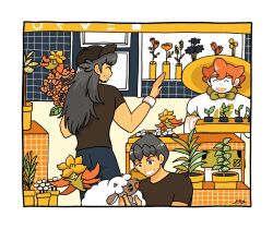  3boys 4others beard black_hat black_shirt closed_eyes commentary_request facial_hair facing_another flower freckles front_hook gossifleur grin hat highres hop_(pokemon) leon_(pokemon) looking_at_another milo_(pokemon) multiple_boys multiple_others open_mouth plant pokemon pokemon_(creature) pokemon_sword_and_shield potted_plant shirt smile sprout straw_hat waving white_shirt wooloo 