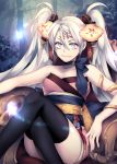  1girl bare_shoulders blue_eyes chair crossed_legs ddflow facial_mark forehead_mark japanese_clothes lantern neck_ribbon original ribbon sitting snake_armband solo thighhighs twintails white_hair 