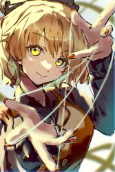  1girl black_bow black_shirt blonde_hair blurry blurry_background bow brown_dress brown_nails buttons closed_mouth commentary_request dress fingernails grey_background hair_bow kurodani_yamame long_sleeves looking_at_viewer pinafore_dress shirt short_hair silk sleeveless sleeveless_dress smile solo spider_web spread_fingers touhou upper_body wata_chaka yellow_eyes 