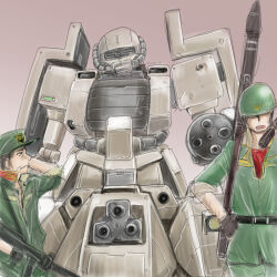  2boys arm_cannon army cable cannon combat_helmet commentary_request emblem gatling_gun grenade_launcher gun gundam gundam_msv hat helmet highres kuroneko_koubou mecha military_hat military_rank_insignia military_uniform mobile_suit multiple_boys robot science_fiction shield soldier submachine_gun weapon zaku_tank zeon 