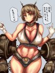  1girl bare_shoulders blue_background breasts brown_eyes brown_hair cleavage gloves huge_breasts kantai_collection looking_at_viewer mutsu_(kantai_collection) navel rokukaku short_hair simple_background solo translation_request wide_hips 
