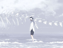  1boy artist_name bird black_hair black_shorts closed_mouth collared_shirt commentary_request covered_eyes day facing_to_the_side facing_viewer feathered_wings from_side full_body hand_in_pocket long_sleeves male_focus ocean original outdoors overcast ribbon rido_(ridograph) shallow_water shirt short_hair shorts sky solo standing turning_head untucked_shirt wading water watermark white_bird white_ribbon white_shirt white_wings wings 