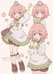  1boy :3 :d animal_on_head arm_up bag bird bird_on_head blush_stickers borrowed_character brown_shoes card closed_mouth colon_br commentary_request commission cowboy_shot dress fang food frilled_dress frills fruit full_body green_sailor_collar highres holding holding_card holding_food holding_fruit long_sleeves looking_at_viewer notice_lines on_head open_mouth original pink_eyes pink_hair playing_card sailor_collar sailor_dress shoes short_hair shoulder_bag signature skeb_commission skin_fang smile socks translation_request twitter_username v-shaped_eyebrows watermark white_background white_dress white_socks 