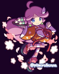  ahoge ankle_flower apron black_background blue_eyes blush_stickers cherry_blossoms clenched_hand commentary_request dango earrings falling_petals flower food full_body hair_ornament hands_up holding holding_plate japanese_clothes jewelry kimono long_hair long_sleeves official_style orange_kimono pantyhose parted_lips petal_print petals pimyuhuwa pink_flower pink_hair pink_pantyhose pink_petals plate print_kimono puyopuyo puyopuyo_quest raffina_(puyopuyo) raffina_(sakura)_(puyopuyo) sandals sanshoku_dango short_kimono simple_background smile striped_clothes striped_pantyhose tasuki twitter_username very_long_hair wagashi waist_apron waitress white_apron wide_sleeves wing_hair_ornament zouri 