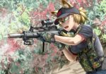 1girl aiming animal_ears assault_rifle blonde_hair casing_ejection didloaded firing g36c glasses gloves gun hat load_bearing_vest magazine_(weapon) military open_mouth operator original ponytail rifle safety_glasses scope shell_casing shooting_glasses short_hair sling solo suppressor watch weapon yellow_eyes 