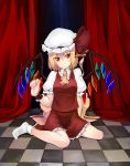  1girl blush bow checkered checkered_floor flandre_scarlet hachi105 hat hat_bow highres red_eyes side_ponytail sitting solo touhou wariza wings 