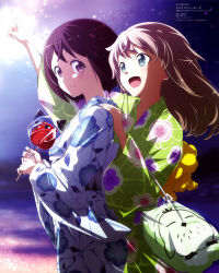  2girls :d absurdres anime_coloring artist_name blue_eyes blue_kimono blurry blurry_background bob_cut brown_eyes brown_hair candy_apple character_request closed_mouth copyright_name copyright_notice cotton_candy cowboy_shot floral_print floral_print_kimono food green_kimono highres holding holding_candy_apple holding_food japanese_clothes kawata_kazuki kimono long_hair looking_at_another looking_back looking_up luminous_witches magazine_scan mc_axis multiple_girls night official_art open_mouth outdoors pointing pointing_up print_kimono scan short_hair sky smile standing star_(sky) starry_sky third-party_source world_witches_series yukata 