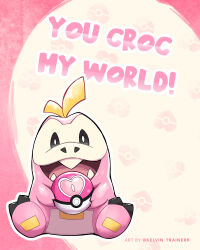  alternate_color artist_name commentary english_commentary english_text fangs fuecoco full_body highres holding holding_poke_ball kelvin-trainerk love_ball no_humans nostrils open_mouth pink_theme poke_ball poke_ball_symbol pokemon pokemon_(creature) pokemon_focus pun shiny_pokemon sitting smile straight-on valentine 