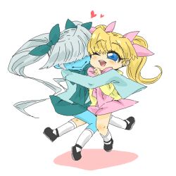  2girls aqua_bow aqua_bowtie aqua_hair aqua_skirt black_shoes blonde_hair blue_eyes blue_skin blush bow bowtie colored_skin commentary_request ghost_girl hair_over_eyes kari_(mari-kari) mari-kari mari_(mari-kari) mary_janes multiple_girls pink_bow pink_bowtie pink_skirt shoes siblings simple_background sisters sketch skirt sleeves_past_fingers sleeves_past_wrists socks teeth twins twintails upper_teeth_only white_background white_socks yotuba92000 