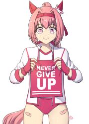 1girl 2025 absurdres animal_ears artist_logo bandaid bandaid_on_leg bow buruma commentary cowboy_shot crying ear_bow ear_covers english_commentary english_text fingerless_gloves flower-shaped_pupils gloves hairband haru_urara_(bestest_prize)_(umamusume) haru_urara_(umamusume) highres holding holding_towel horse_ears horse_girl horse_tail jacket logo pink_eyes pink_gloves pink_hair ponytail red_buruma red_gloves red_hairband signature smile solo straight-on streaming_tears symbol-shaped_pupils tail tears towel umamusume white_jacket zeinzai91 