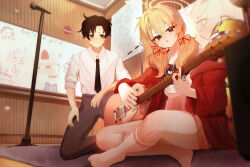  1boy 1girl absurdres ahoge animal_print bandaid bandaid_on_finger bandaid_on_hand black_hair blonde_hair blue_archive blue_archive_the_animation blush brown_eyes cake cake_slice cat_print character_print closed_mouth collared_shirt commentary doodle_sensei_(blue_archive) food from_below full_body grey_pants guitar hair_intakes hair_ribbon halo heart heart_of_string highres holding holding_guitar holding_instrument indian_style indoors instrument jacket kneehighs kneeling long_hair looking_at_another looking_down low_twintails microphone miniskirt mintshiiii musical_note no_shoes official_alternate_costume official_alternate_hairstyle open_clothes open_jacket open_mouth pants pink_skirt plaid_clothes plaid_skirt playing_guitar playing_instrument pleated_skirt print_shirt red_jacket ribbon sensei_(blue_archive) sensei_(blue_archive_the_animation) shirt short_hair sitting skirt smile socks sparkle spiky_hair sweat thighs twintails v-shaped_eyebrows white_shirt white_socks yellow_halo yellow_ribbon yoshimi_(band)_(blue_archive) yoshimi_(blue_archive) 