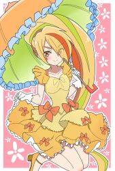  1girl arms_at_sides bare_arms blonde_hair blush bow brown_eyes clothes_lift collarbone commentary_request dress facing_viewer frilled_dress frilled_umbrella frills gloves green_hair hair_over_one_eye high_heels highres hoken0309 holding holding_umbrella lifting_own_clothes long_hair looking_at_viewer multicolored_dress multicolored_hair multicolored_umbrella nikaidou_saki orange_bow orange_shoes parasol pink_background red_hair shoes skirt skirt_lift sleeveless sleeveless_dress smile solo umbrella very_long_hair white_gloves zombie_land_saga 