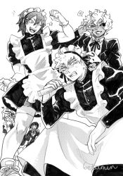  2girls 3boys apron ashido_mina bakugou_katsuki blush boku_no_hero_academia commentary crossdressing crossdressing_(ftm) crossdressing_(mtf) english_commentary enmaided frilled_apron frills greyscale hair_between_eyes heart highres jiro_kyoka kaminari_denki kirishima_eijiro maid maid_apron maid_headdress male_maid monochrome multiple_boys multiple_girls one_eye_closed simple_background smile spiky_hair spoken_heart suit thigh-highs v vitaminpill white_background 
