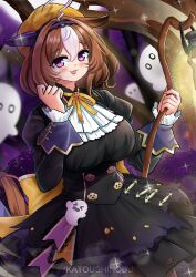  1girl absurdres ahoge animal_ears ascot black_dress blush breasts brown_hair commentary double-parted_bangs dress ear_covers english_commentary ghost hair_between_eyes hairband hat highres holding holding_staff horse_ears horse_girl horse_tail katou_shinobu lantern large_breasts long_sleeves meisho_doto_(dot-o'-lantern)_(umamusume) meisho_doto_(umamusume) multicolored_hair official_alternate_costume open_mouth orange_hat orange_ribbon pumpkin_brooch pumpkin_hat purple_hairband ribbon single_ear_cover smile solo staff tail two-tone_hair umamusume violet_eyes white_ascot white_hair 