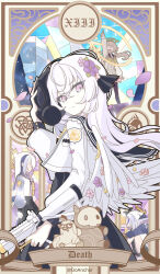  2girls absurdres angel_wings artist_name assault_rifle azusa_(blue_archive) black_dress blue_archive card_(medium) commentary cropped_jacket death_(tarot) dress english_text feathered_wings flower from_side gas_mask goanchor gun hair_between_eyes hair_flower hair_ornament halo hifumi_(blue_archive) highres holding holding_gun holding_weapon jacket long_hair long_sleeves looking_at_viewer looking_to_the_side low_wings m4_carbine mask multiple_girls peroro_(blue_archive) purple_flower purple_hair removing_mask rifle roman_numeral skullman_(blue_archive) solo_focus tarot tarot_(medium) twitter_username violet_eyes weapon white_hair white_jacket white_wings wings yellow_halo 