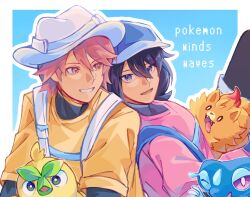  1boy 1girl baby_animal bag bird black_bodysuit black_hair blue_background blue_bag blue_hat bodysuit bodysuit_under_clothes border brown_eyes brown_hair browt chick commentary copyright_name feathers female_protagonist_(pokemon_ww) gecko gecqua grey_eyes hat layered_sleeves leaf long_sleeves male_protagonist_(pokemon_ww) orange_fur pink_shirt pokemon pokemon_winds_and_waves pombon pomeranian_(dog) shirt short_over_long_sleeves short_sleeves starter_pokemon_trio untranslatable_commentary white_border yellow_feathers yellow_shirt yum00m 