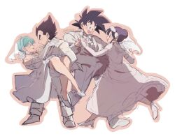  2boys 2girls black_hair blue_hair bulma carrying chi-chi_(dragon_ball) couple dragon_ball dragon_ball_z dress formal_clothes highres holding_hands husband_and_wife jacket multiple_boys multiple_girls natume12izr necktie pants princess_carry son_goku spiky_hair suit suit_jacket vegeta wedding_dress white_suit 