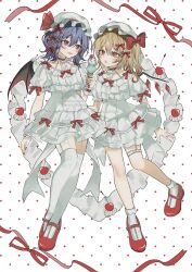  2girls absurdres ankle_socks bat_wings blonde_hair bow cherry collarbone commentary_request dress flandre_scarlet food frilled_dress frills fruit full_body hair_between_eyes hair_bow hat hat_ribbon highres holding holding_ice_cream_cone ice_cream_cone leg_up mary_janes multiple_girls multiple_hair_bows nail_polish open_mouth red_eyes remilia_scarlet ribbon shoes short_hair short_sleeves side_ponytail socks thigh-highs touhou uzmee violet_eyes wings 