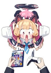  1girl absurdres adon_(dufaladanidu) affinity_sunglasses_(blue_archive) blonde_hair blue_archive controller doodle_sensei_(blue_archive) floating game_console game_controller grand_theft_auto grand_theft_auto_vi halo hanako_(blue_archive) hanako_(swimsuit)_(blue_archive) helicopter_tail highres hikari_(blue_archive) himari_(armed)_(blue_archive) himari_(blue_archive) kirino_(blue_archive) koharu_(blue_archive) momoi_(blue_archive) necktie nozomi_(blue_archive) pink_eyes playstation_5 pov seia_(blue_archive) seia_(swimsuit)_(blue_archive) sensei_(blue_archive) shiroko_(blue_archive) simple_background white_background 