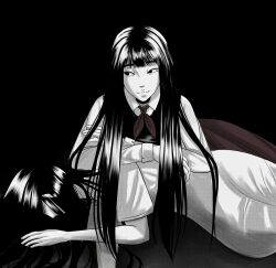  black_background black_eyes black_hair commentary dress english_commentary gwuenfalling highres long_hair looking_to_the_side lying mari_(faraway)_(omori) mari_(headspace)_(omori) mari_(omori) neckerchief omori pale_skin school_uniform white_dress 