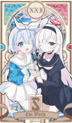  2girls absurdres arona_(blue_archive) artist_name black_coat black_hairband black_sailor_collar black_serafuku black_shirt black_skirt blue_archive blue_eyes blue_hair blue_halo blue_pupils blue_shirt bow bow_hairband bowtie card_(medium) choker closed_mouth coat colored_inner_hair commentary english_text goanchor grey_eyes hair_over_one_eye hairband halo highres holding_hands long_hair looking_at_viewer multicolored_hair multiple_girls neckerchief open_mouth pink_hair plana_(blue_archive) pleated_skirt red_halo red_pupils roman_numeral sailor_collar school_uniform serafuku shirt short_hair skirt smile tablet_pc tarot tarot_(medium) the_world_(tarot) twitter_username white_bow white_bowtie white_choker white_hair white_hairband white_neckerchief white_sailor_collar white_skirt 