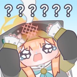  1girl ? ?? animal_ears arms_up blue_archive blue_background blunt_bangs blush chibi coif commentary dress halo horuhara long_sleeves looking_at_viewer mari_(blue_archive) neckerchief no_nose nose_blush open_mouth orange_hair paw_print puffy_long_sleeves puffy_sleeves solo tearing_up untranslatable_commentary wavy_eyes yellow_halo 