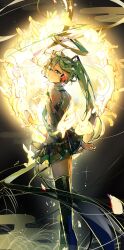  1girl ahoge animal aqua_eyes aqua_hair aqua_necktie black_skirt black_thighhighs blush dark_background detached_sleeves egasumi feet_out_of_frame from_side full_moon glowing glowing_animal hair_ornament hand_on_animal hatsune_miku headset highres holding holding_animal holding_rabbit light_smile long_hair looking_at_viewer looking_to_the_side mid-autumn_festival moon necktie night oda_kogane petting pleated_skirt rabbit reeds shirt skirt sleeveless sleeveless_shirt solo sparkle thigh-highs twintails very_long_hair vocaloid zettai_ryouiki 