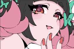  1girl ayunyan_pere bare_shoulders black_choker black_hair bow choker close-up colored_inner_hair green_bow hair_bow hand_up looking_at_viewer multicolored_hair nangong_yu open_mouth pink_hair portrait red_eyes red_nails smug solo twintails zenless_zone_zero 