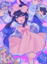 5girls :3 absurdres animal_ears arms_up asymmetrical_horns black_hair black_horns blonde_hair blue_hair blue_jacket blue_outline blush bow chibi chibi_inset closed_mouth colored_inner_hair commentary_request dog_ears dog_girl dog_tail dress eyelashes fuwawa_abyssgard grey_hair hair_bow heart heart-shaped_pupils highres holoadvent hololive hololive_english horns jacket jailbird_(nerissa_ravencroft) kokomi_(aniesuakkaman) koseki_bijou long_hair long_sleeves mococo_abyssgard multicolored_hair multiple_girls nerissa_ravencroft open_clothes open_jacket open_mouth outline pink_bow pink_dress pink_eyes pink_outline pink_ribbon purple_outline ribbon shiori_novella signature smile solo_focus standing standing_on_one_leg symbol-shaped_pupils tail two-tone_hair virtual_youtuber white_hair 