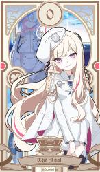  2girls absurdres artist_name beret blonde_hair blonde_student_council_president_(blue_archive) blue_archive blue_hair box cape card_(medium) colored_inner_hair commentary cropped_jacket dress english_text general_student_council_president_(blue_archive) goanchor halo hat highres jacket long_hair looking_at_viewer medal multicolored_hair multicolored_halo multiple_girls pink_hair pink_streaks red_halo ring_of_light_(blue_archive) skirt smile streaked_hair tarot tarot_(medium) the_fool_(tarot) twitter_username two-tone_halo violet_eyes watch watch white_cape white_dress white_halo white_hat white_jacket white_skirt 