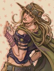  1boy armlet artist_name belt blonde_hair brown_hat cape cowboy_hat fingerless_gloves fishnet_gloves fishnets gloves goggles goggles_on_headwear green_cape green_eyes green_lips gyro_zeppeli hat highres jewelry jojo_no_kimyou_na_bouken long_hair looking_at_viewer makeup male_focus necklace pants purple_gloves purple_shirt shirt short_sleeves solo standing star_(symbol) steel_ball_run studded_belt studs yaoluena yellow_background 