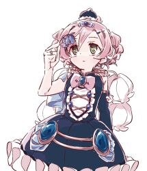  1girl blue_dress blue_gem blue_gloves bluebell_candy boro_(tn-boro) bow bowtie closed_mouth commentary_request dress elbow_gloves flower frilled_dress frills gem gloves green_eyes hair_ornament hat jewelry magical_girl mahou_shoujo_ikusei_keikaku mahou_shoujo_ikusei_keikaku_aces pink_bow pink_bowtie pink_hair ring single_elbow_glove white_background white_flower 