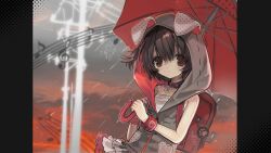  1girl animal_collar animal_hood backpack bag beamed_eighth_notes blush bone_charm bracelet brown_eyes brown_hair camisole charm_(object) clouds cloudy_sky collar commentary_request dog_hood dusk eighth_note grey_jacket heart_pockets highres holding holding_umbrella hood hood_up hooded_jacket jacket jewelry layered_skirt looking_at_viewer musical_note musical_staff official_art pillarboxed polka_dot ponytail rain randoseru red_umbrella rosetta_type-1 short_ponytail side_ponytail skirt sky sleeveless sleeveless_jacket treble_clef umbrella upper_body utau utility_pole white_camisole zhenda10169 