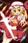  1girl ascot blonde_hair blush fang flandre_scarlet hat highres looking_at_viewer matsuri_uta midriff navel open_mouth outstretched_hand red_eyes side_ponytail skirt smile solo touhou wings wrist_cuffs 