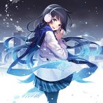  1girl black_hair black_legwear blue_eyes city earmuffs hands_together jacket long_hair long_sleeves looking_at_viewer looking_back maro_(nikeneko523) open_mouth original pantyhose scarf skirt sky smile snow snowing solo turning very_long_hair winter_clothes 