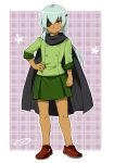  1boy blue_hair cape cosplay crossdressinging danball_senki danball_senki_wars eyepatch inazuma_eleven_(series) inazuma_eleven_go long_hair male mizuhara_aki orange_eyes sakuma_jirou skirt solo standing white_background 