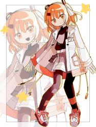  1girl a.i._voice adachi_rei black_pantyhose commentary different_zoom_layer full_body grey_skirt hanaguwashi highres jacket long_sleeves looking_at_viewer medium_hair miniskirt open_clothes open_jacket orange_eyes orange_hair pantyhose skirt solo star_(symbol) untranslatable_commentary utau white_jacket zoom_layer 