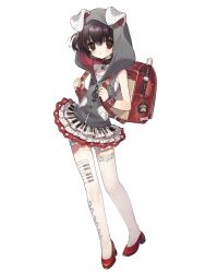  1girl absurdres animal_collar animal_hood backpack bag beamed_eighth_notes bloomers blush brown_hair camisole charm_(object) collar commentary_request contrapposto dog_hood eighth_note flute full_body grey_jacket heart_pockets highres hood hood_up hooded_jacket instrument jacket layered_skirt looking_at_viewer musical_note official_art piano_print piano_skirt polka_dot polka_dot_skirt ponytail randoseru recorder red_eyes red_shoes rosetta_type-1 shoes short_ponytail side_ponytail skindentation skirt sleeveless sleeveless_jacket solo thigh-highs treble_clef utau white_background white_bloomers white_camisole white_thighhighs zhenda10169 