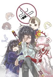  1other 3boys 3girls 42amaroid0404 araya_(project_moon) black_hair black_pants blue_kimono catherine_(project_moon) child cigarette clinging closed_eyes coat coat_on_shoulders commentary_request crossed_legs halo hand_on_own_face heathcliff_(project_moon) highres holding holding_cigarette holding_sword holding_weapon horns japanese_clothes kimono limbus_company long_hair multiple_boys multiple_girls pants pinky_(identity)_(project_moon) project_moon pwie_(project_moon) ryoshu_(project_moon) shirt short_hair simple_background sinclair_(project_moon) sitting sword veil weapon white_background white_gown white_hair white_shirt 