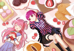  2girls :3 :d ^_^ angel_beats! arms_up artist_name asymmetrical_legwear black_choker black_skirt blue_sailor_collar blue_skirt blush brown_eyes choker closed_eyes closed_mouth commentary cowboy_shot daifuku dango dorayaki drop_shadow fang feet_out_of_frame fishnet_thighhighs fishnets food from_above fruit hair_spread_out hands_up highres holding holding_food holding_fruit knee_up lisa_(singer) long_hair long_sleeves looking_at_another lying midriff miniskirt multiple_girls no_ahoge ohagi_(food) on_back open_mouth outline own_hands_together pink_hair pleated_skirt purple_hair sailor_collar sailor_shirt sanshoku_dango school_uniform serafuku shinda_sekai_sensen_uniform shirt short_sleeves shorts shorts_under_skirt single_thighhigh skirt smile split_mouth strawberry striped_clothes striped_shirt taiyaki tareme thigh-highs torineko_(77129) two_side_up vertical-striped_clothes vertical-striped_shirt very_long_hair wagashi white_outline white_shirt yui_(angel_beats!) 