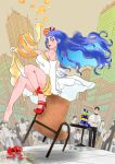  balancing bare_shoulders bloomers blue_eyes blue_hair breasts chair crowd dress elbow_gloves food_themed_clothes gloves hair_ornament high_heels highres long_hair orange_peel orangina personification single_shoe solo_focus spaghetti_strap spot_(artist) underwear white_dress white_gloves 