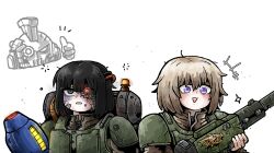  1boy 2girls adeptus_astartes arm_cannon astra_militarum gun highres holding holding_gun holding_weapon iron_hands_(warhammer) mechanical_eyes multiple_girls octosoup single_mechanical_eye smile tagme warhammer_40k weapon 