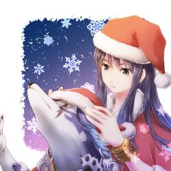  1boy black_eyes black_hair blue_background bracelet chain hat jewelry kururi_(oekaki_nikki) long_hair male repede santa_costume santa_hat scar snowflakes tales_of_(series) tales_of_vesperia yuri_lowell 