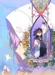  2girls absurdres arm_up atsuko_(blue_archive) bandage_on_neck black_hair black_hoodie black_mask blue_archive blue_sky chinese_commentary closed_mouth commentary_request flower halo highres holding holding_flower hood hoodie jacket mask misaki_(blue_archive) mouth_mask multiple_girls purple_hair red_eyes red_halo short_hair sky standing white_flower white_hood white_jacket ziid_(ziid69) 