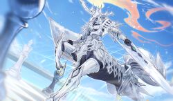  1boy absurdres angelechy_destrier antarcticch arm_armor armor blue_sky centaur chess_piece chessboard day duel_monster full_armor grin highres holding holding_shield holding_sword holding_weapon king_(chess) knee_up leg_armor making-of_available male_focus outdoors pawn_(chess) shield sky smile solo spiked_armor spikes sword taur weapon yu-gi-oh! 